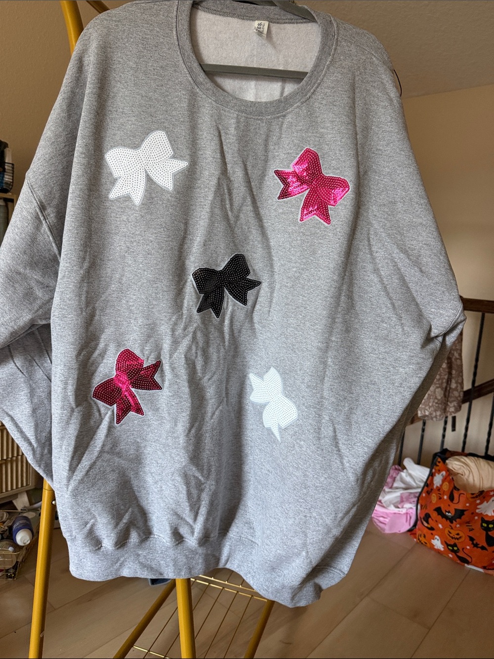 Jerzees Gray Sweatshirt with Pink, White & Black Sequin Bows